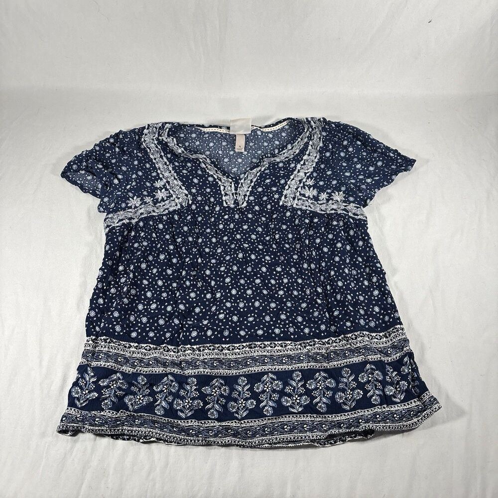 Knox Rose Navy White Peasant Boho Top Womens M